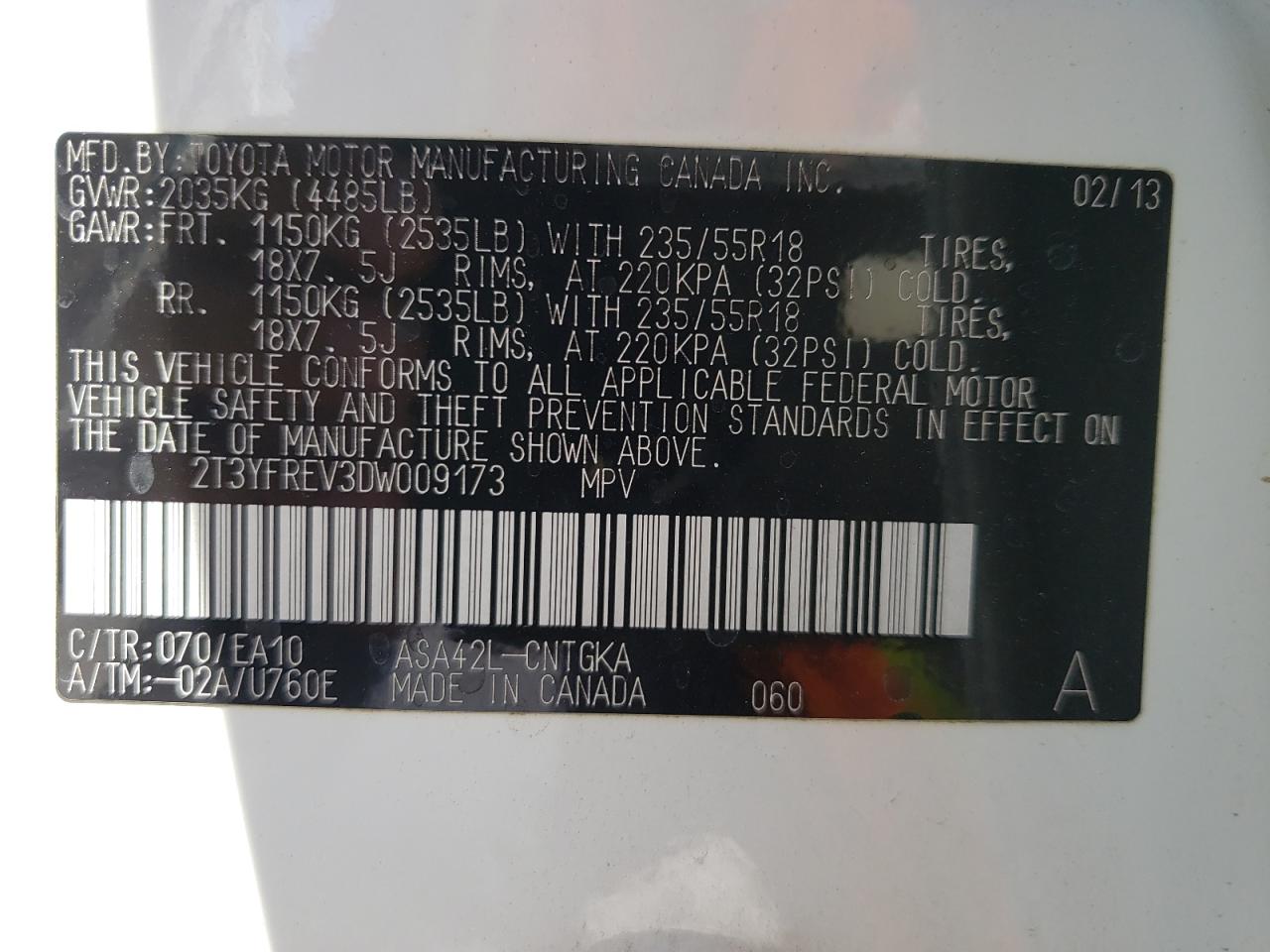 Photo 10 from auction – 2013 TOYOTA RAV4 LIMIT with VIN 2T3YFREV3DW009173