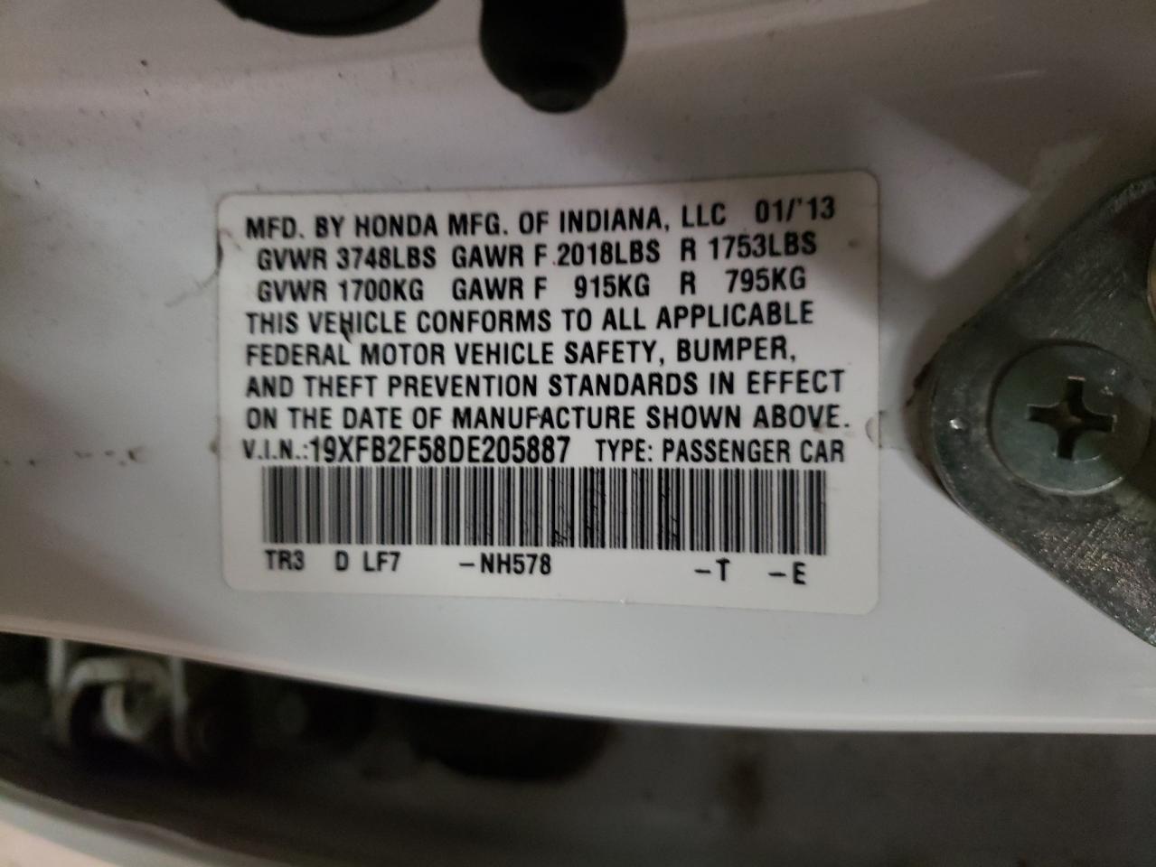 Photo 10 from auction – 2013 HONDA CIVIC LX with VIN 19XFB2F58DE205887