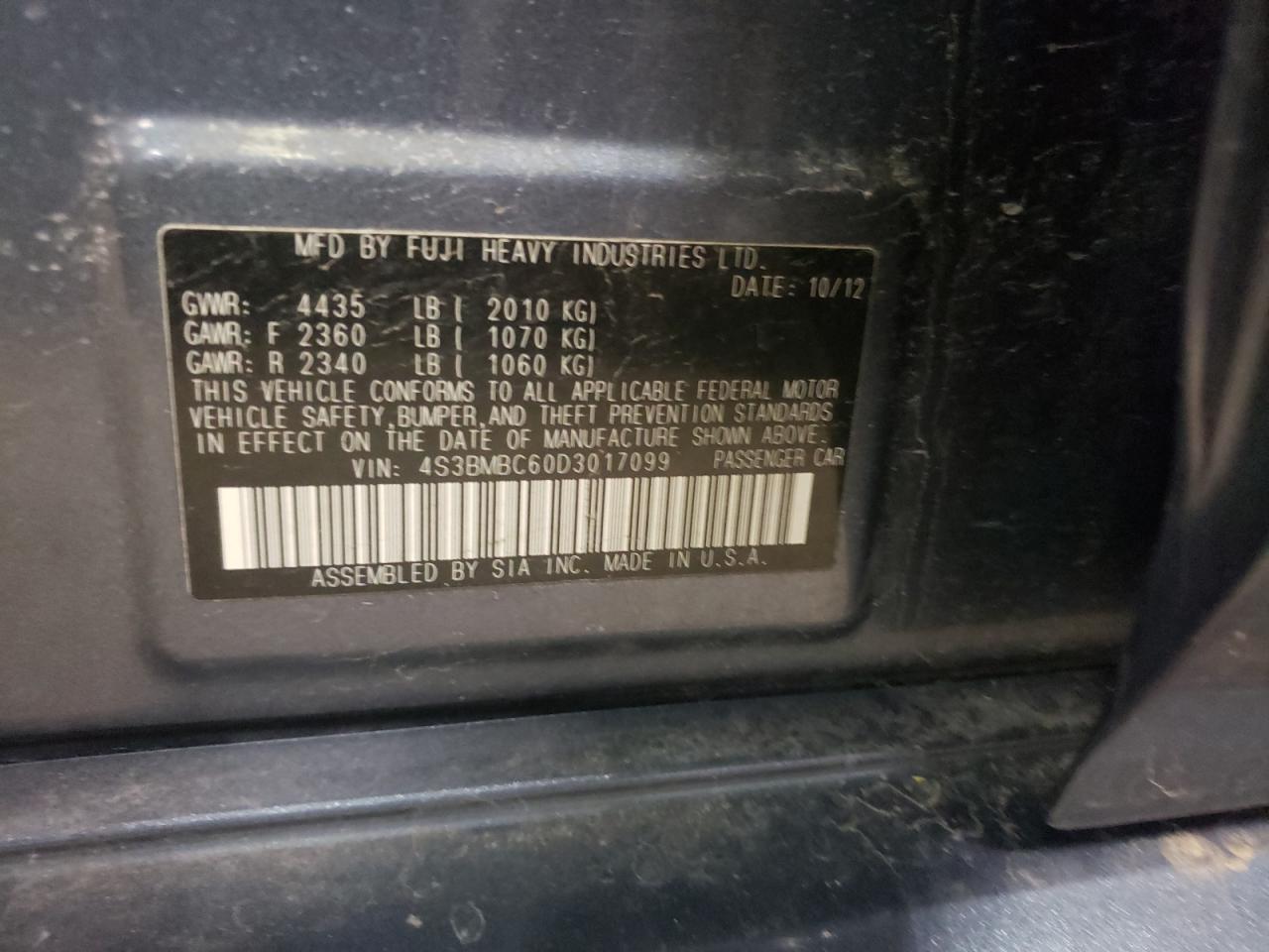 Photo 10 from auction – 2013 SUBARU LEGACY 2.5 with VIN 4S3BMBC60D3017099