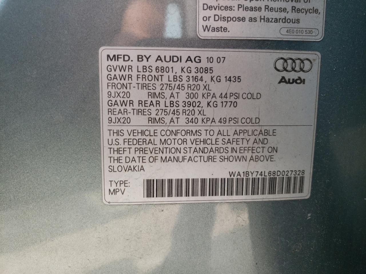 Photo 10 from auction – 2008 AUDI Q7 3.6 QUA with VIN WA1BY74L68D027328