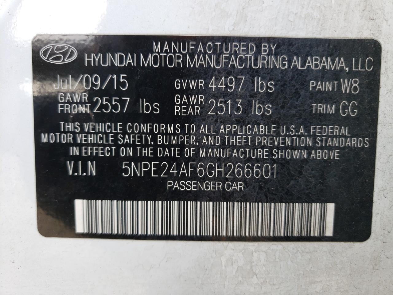 Photo 10 from auction – 2016 HYUNDAI SONATA SE with VIN 5NPE24AF6GH266601