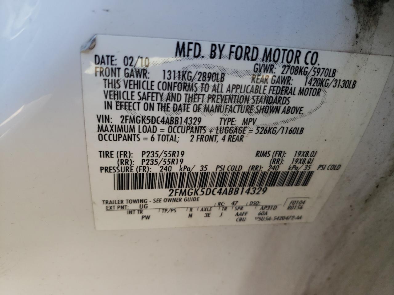 Photo 10 from auction – 2010 FORD FLEX LIMIT with VIN 2FMGK5DC4ABB14329