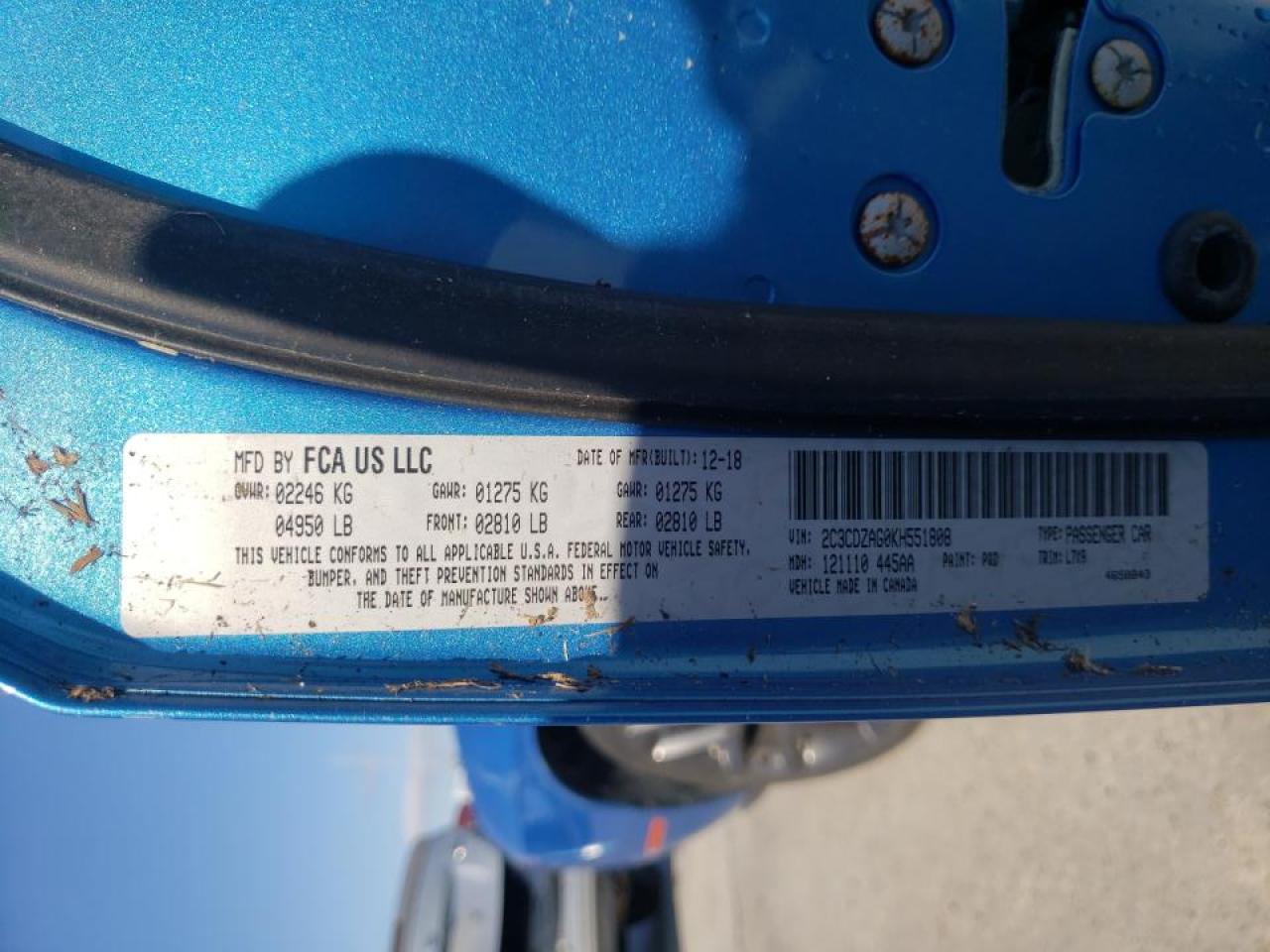 Photo 10 from auction – 2019 DODGE CHALLENGER with VIN 2C3CDZAG0KH551808
