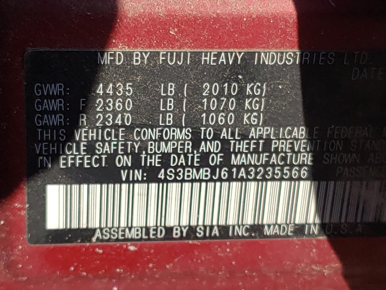 Photo 10 from auction – 2010 SUBARU LEGACY with VIN 4S3BMBJ61A3235566