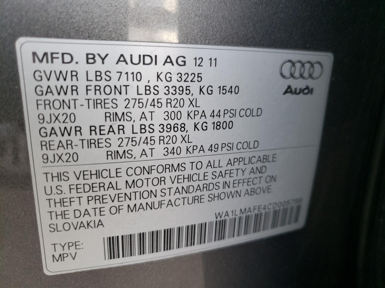 Photo 10 from auction – 2012 AUDI Q7 PREMIUM with VIN WA1LMAFE4CD005798