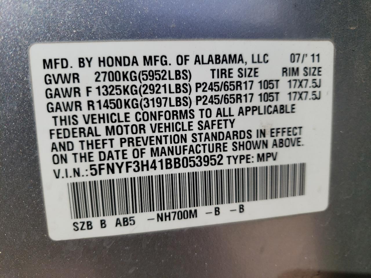 Photo 10 from auction – 2011 HONDA PILOT EX with VIN 5FNYF3H41BB053952
