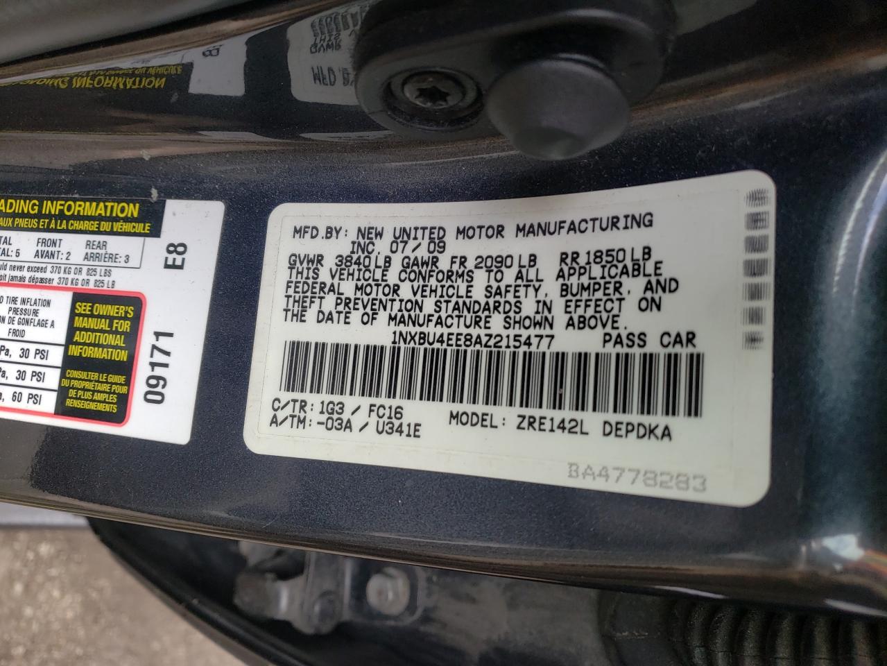 Photo 10 from auction – 2010 TOYOTA COROLLA BA with VIN 1NXBU4EE8AZ215477