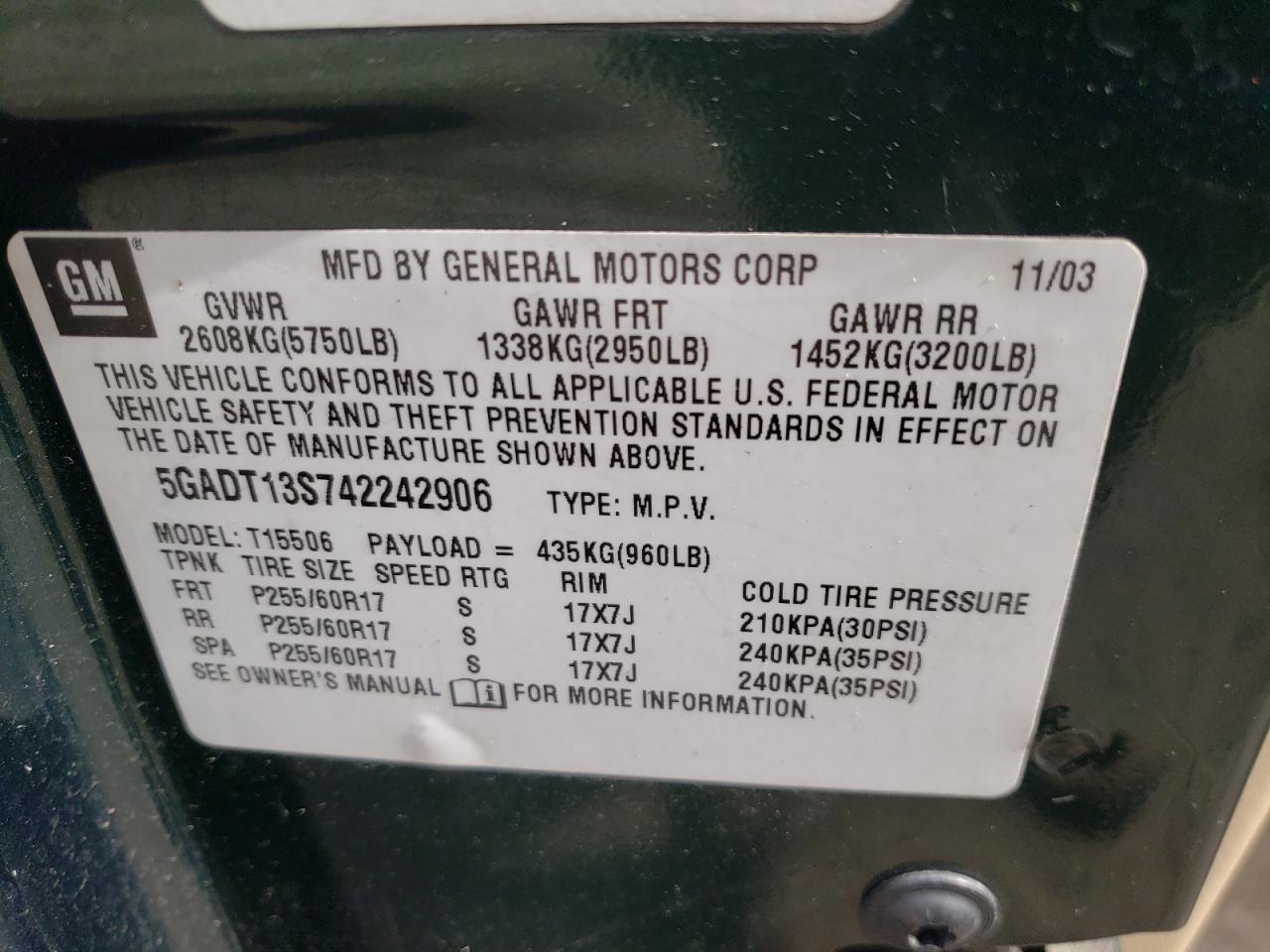 Photo 10 from auction – 2004 BUICK RAINIER CX with VIN 5GADT13S742242906