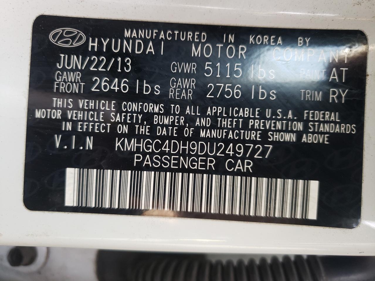 Photo 10 from auction – 2013 HYUNDAI GENESIS 5. with VIN KMHGC4DH9DU249727