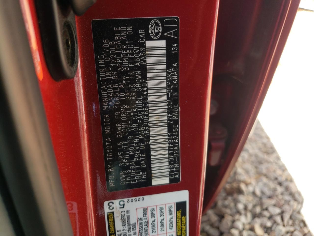 Photo 10 from auction – 2006 TOYOTA COROLLA CE with VIN 2T1BR30E66C634407