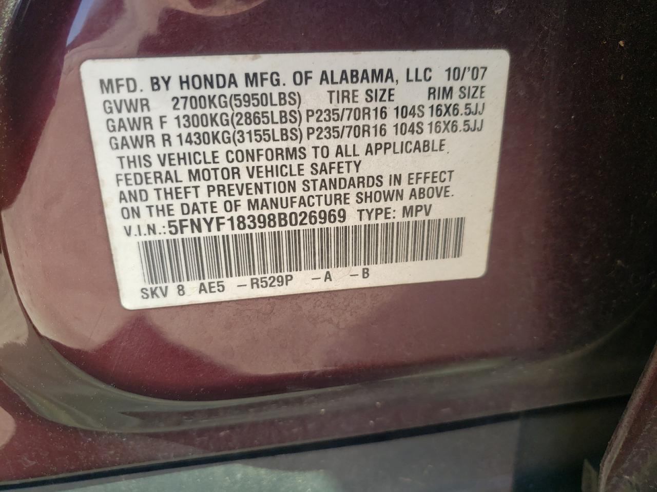 Photo 10 from auction – 2008 HONDA PILOT SE with VIN 5FNYF18398B026969