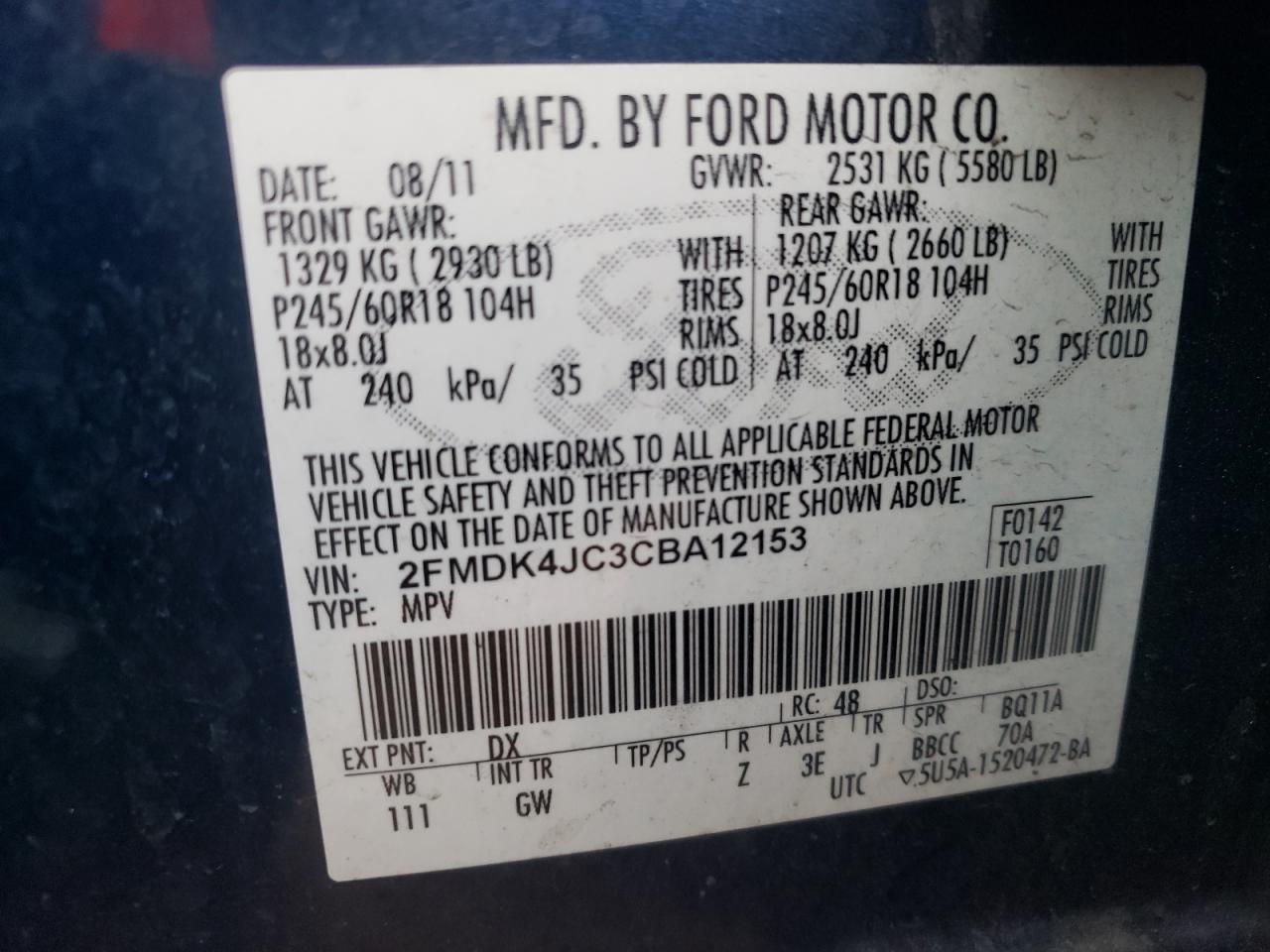 Photo 10 from auction – 2012 FORD EDGE SEL with VIN 2FMDK4JC3CBA12153