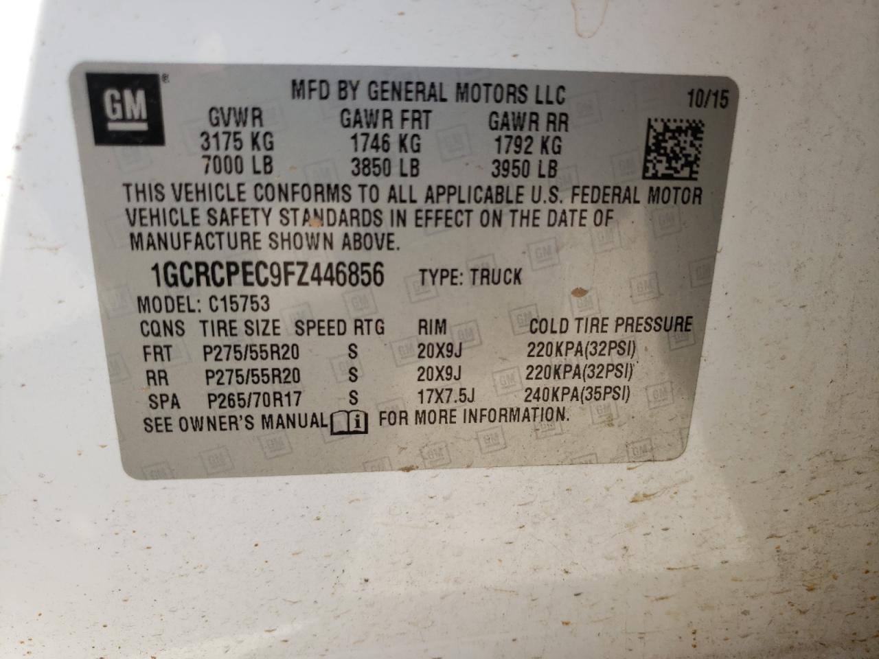 Photo 10 from auction – 2015 CHEVROLET 1500 with VIN 1GCRCPEC9FZ446856