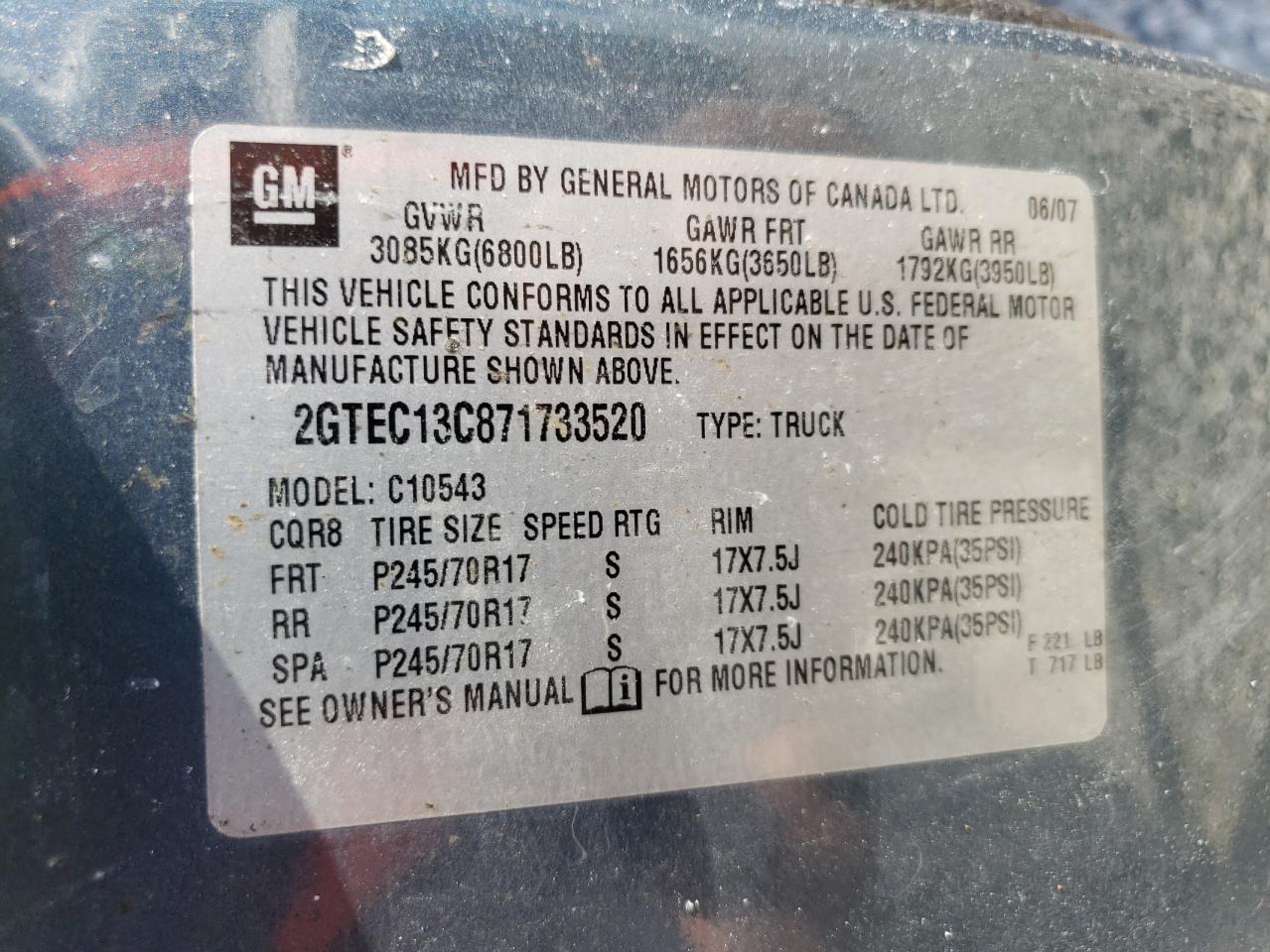 Photo 10 from auction – 2007 GMC NEW SIERRA with VIN 2GTEC13C871733520