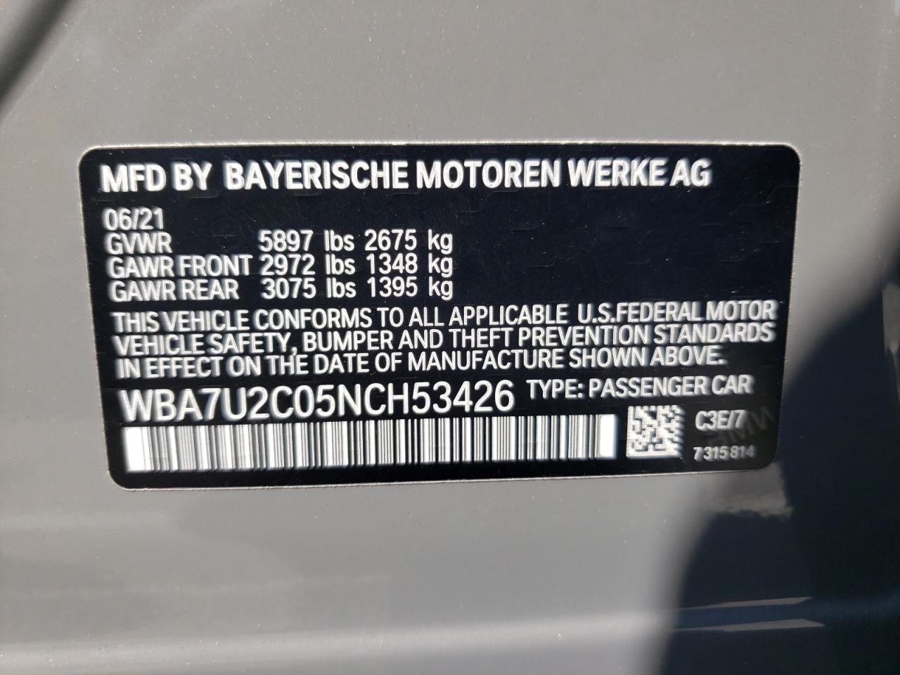 Photo 10 from auction – 2022 BMW 750 XI with VIN WBA7U2C05NCH53426