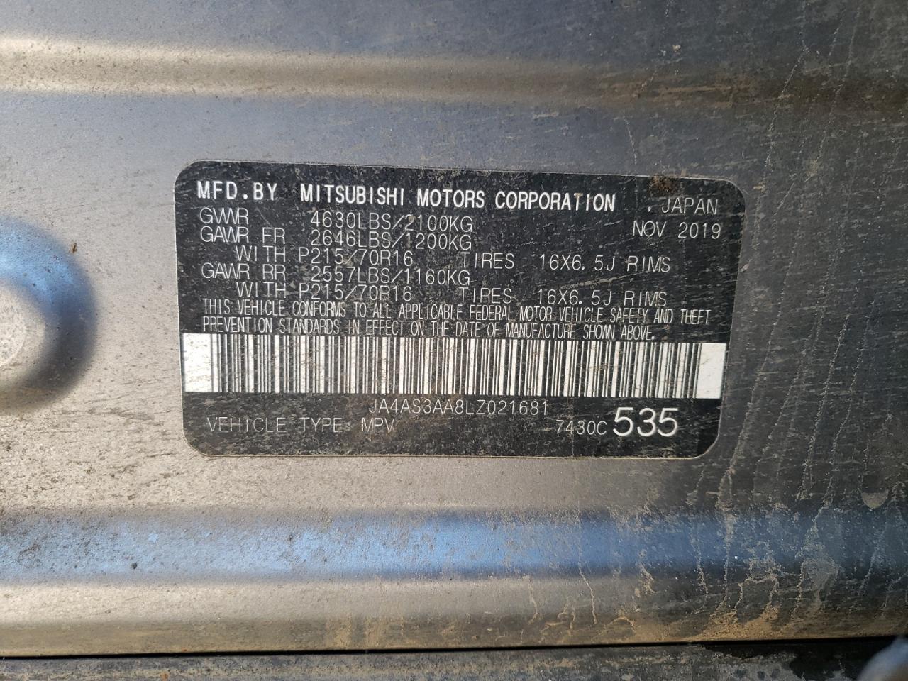 Photo 10 from auction – 2020 MITSUBISHI ECLIPSE CR with VIN JA4AS3AA8LZ021681