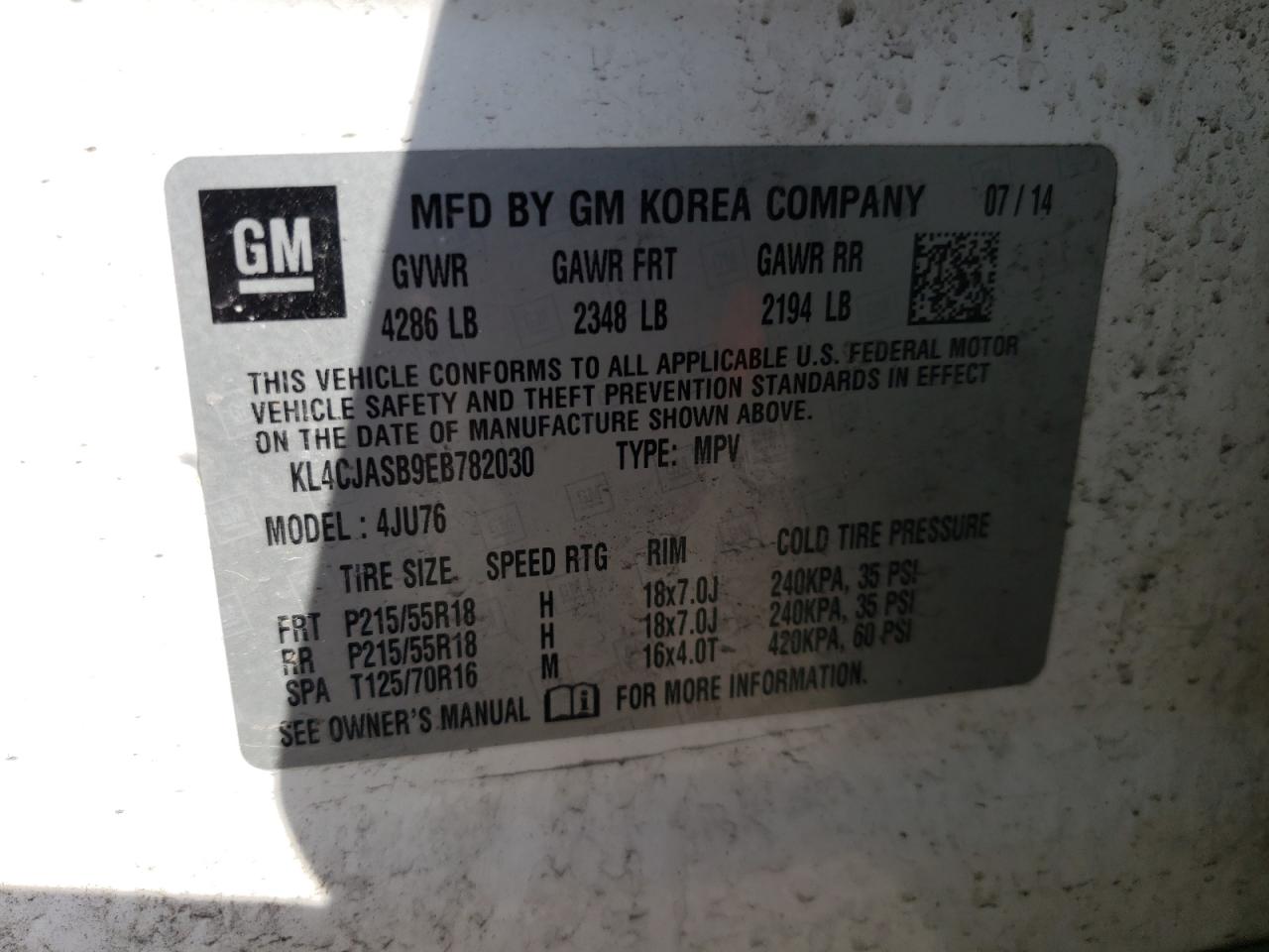 Photo 10 from auction – 2014 BUICK ENCORE with VIN KL4CJASB9EB782030