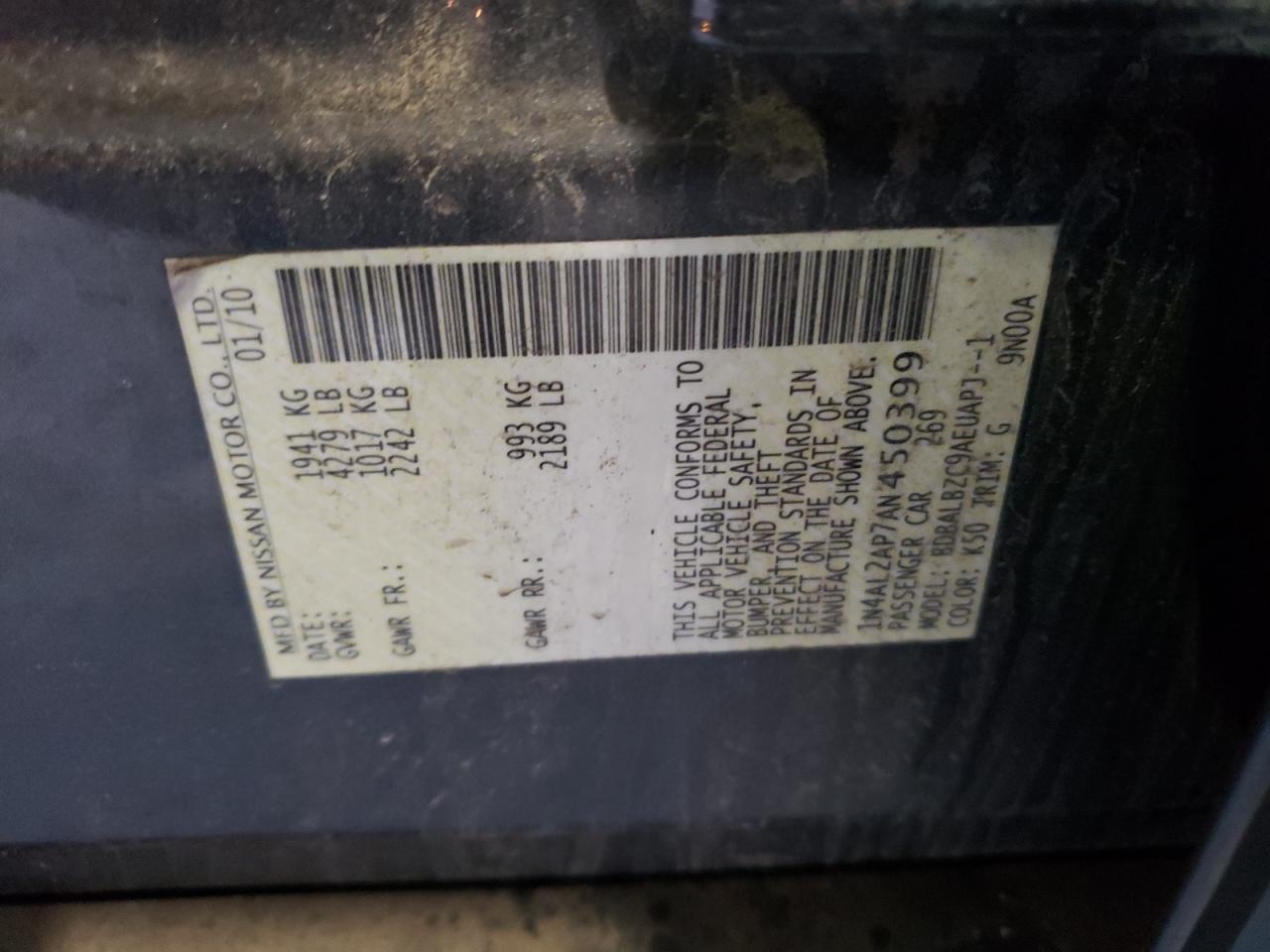 Photo 10 from auction – 2010 NISSAN ALTIMA BAS with VIN 1N4AL2AP7AN450399