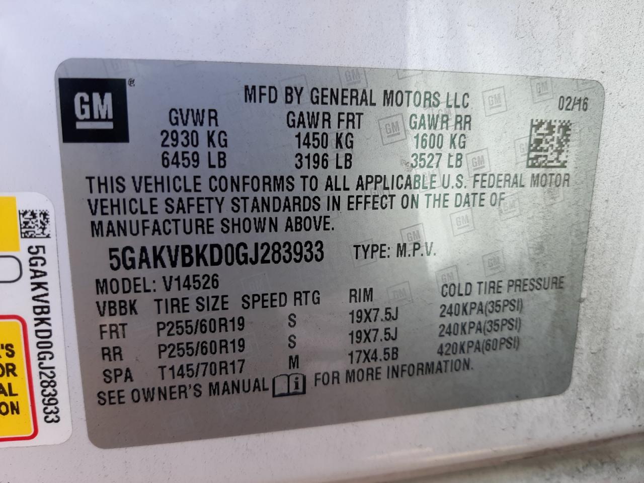 Photo 10 from auction – 2016 BUICK ENCLAVE with VIN 5GAKVBKD0GJ283933