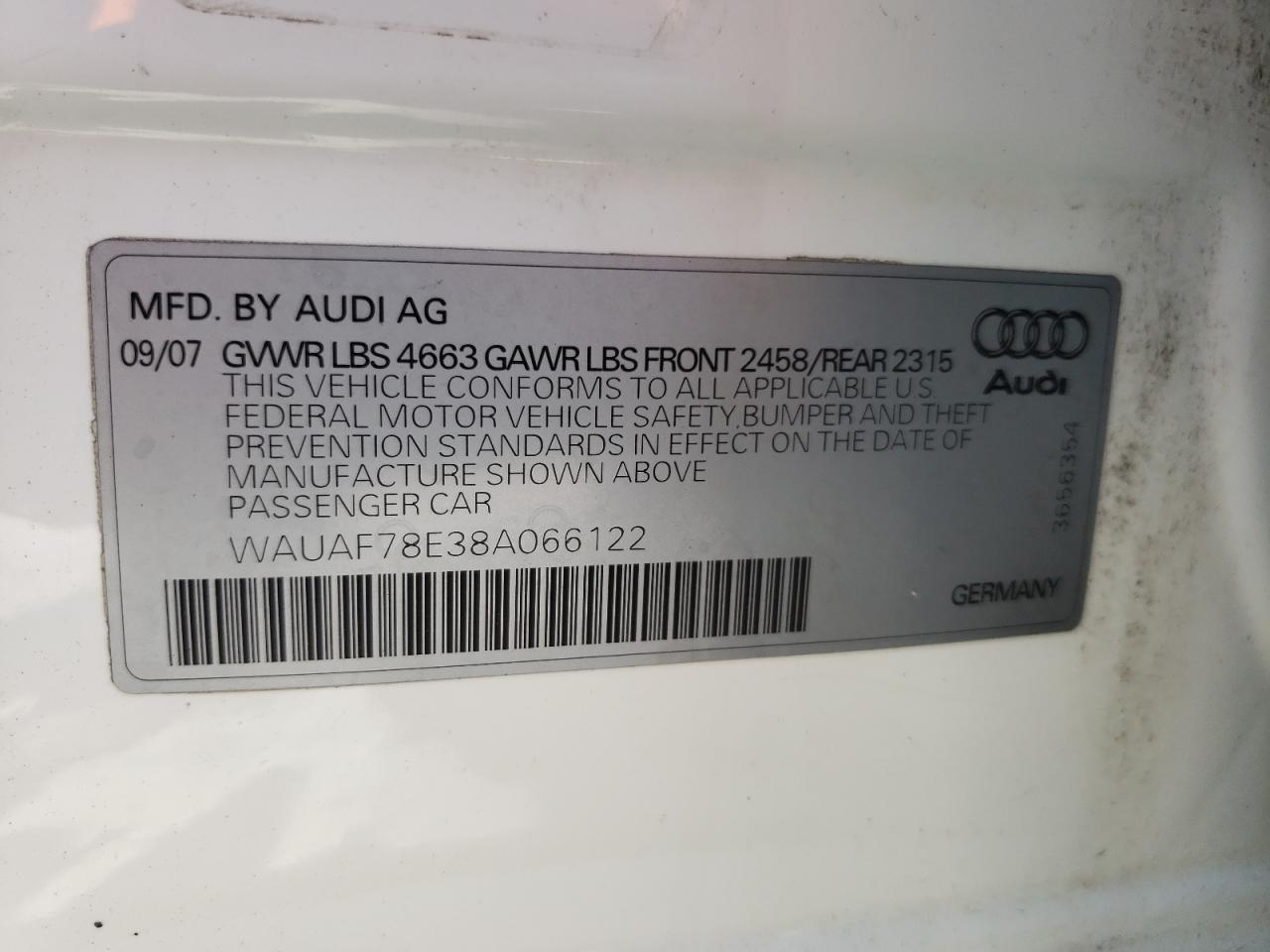 Photo 10 from auction – 2008 AUDI A4 2.0T with VIN WAUAF78E38A066122