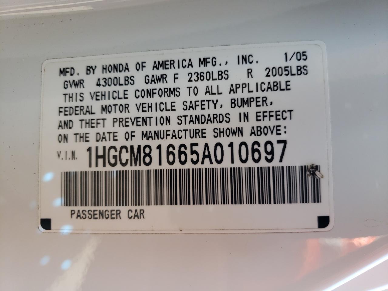 Photo 10 from auction – 2005 HONDA ACCORD EX with VIN 1HGCM81665A010697