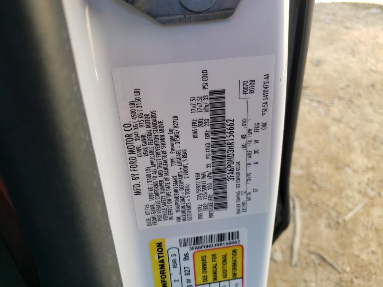 Photo 10 from auction – 2017 FORD FUSION SE with VIN 3FA6P0HD3HR156662