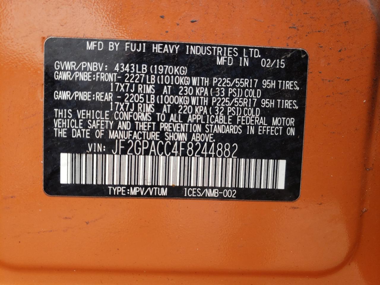 Photo 10 from auction – 2015 SUBARU XV CROSSTR with VIN JF2GPACC4F8244882