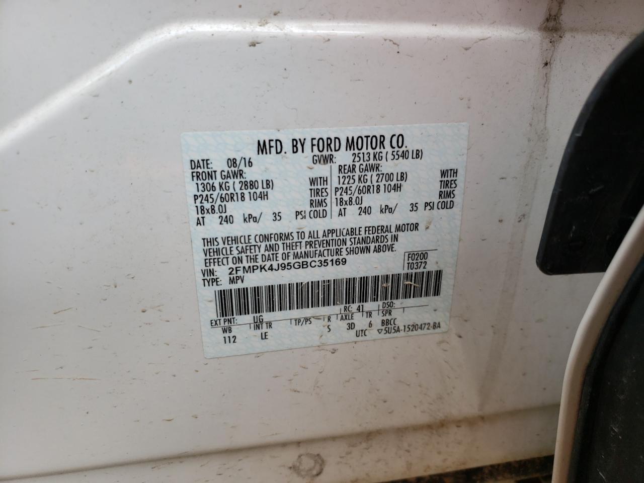 Photo 10 from auction – 2016 FORD EDGE SEL with VIN 2FMPK4J95GBC35169