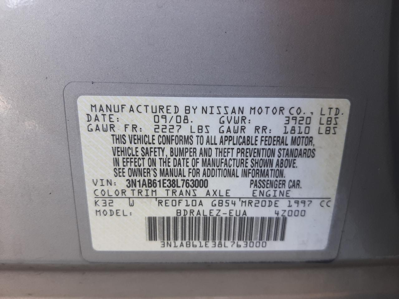 Photo 10 from auction – 2008 NISSAN SENTRA 2.0 with VIN 3N1AB61E38L763000