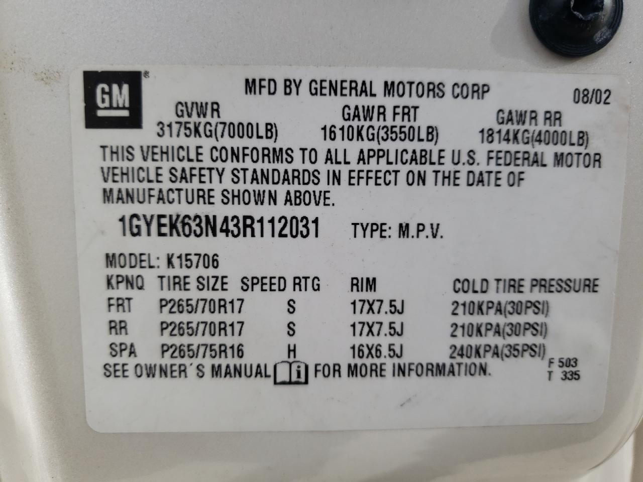 Photo 10 from auction – 2003 CADILLAC ESCALADE L with VIN 1GYEK63N43R112031