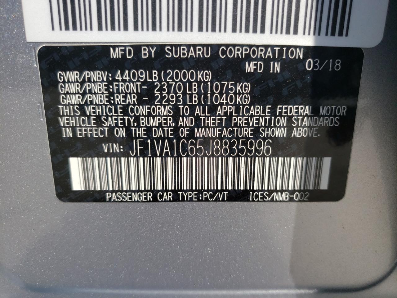 Photo 10 from auction – 2018 SUBARU WRX PREMIU with VIN JF1VA1C65J8835996