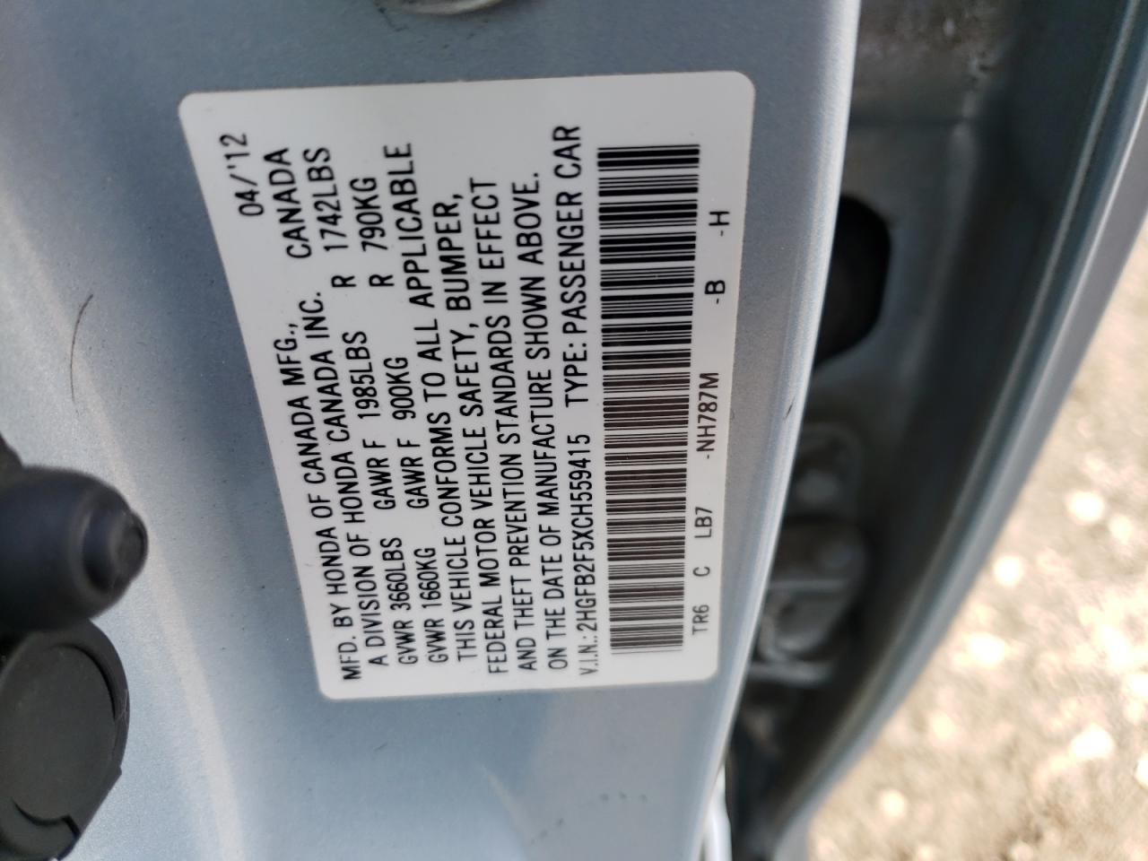 Photo 10 from auction – 2012 HONDA CIVIC LX with VIN 2HGFB2F5XCH559415