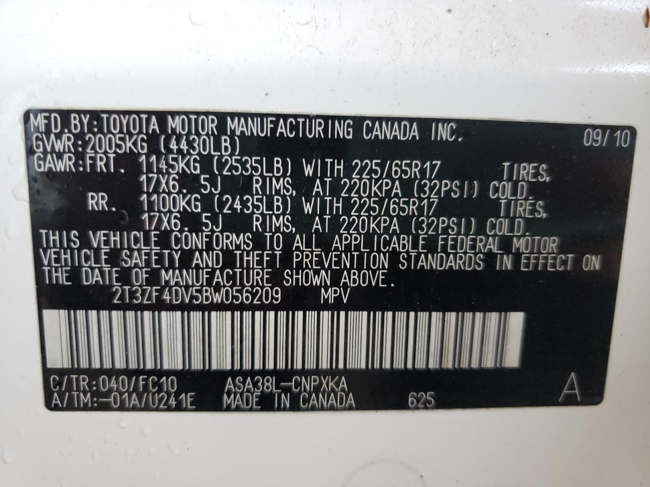 Foto 10 de la subasta – 2011 TOYOTA RAV4 con VIN 2T3ZF4DV5BW056209