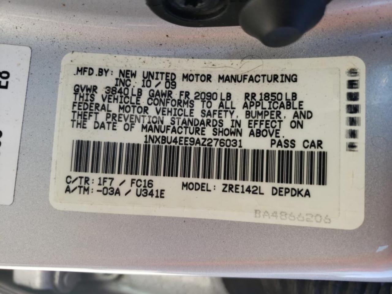 Photo 10 from auction – 2010 TOYOTA COROLLA BA with VIN 1NXBU4EE9AZ276031