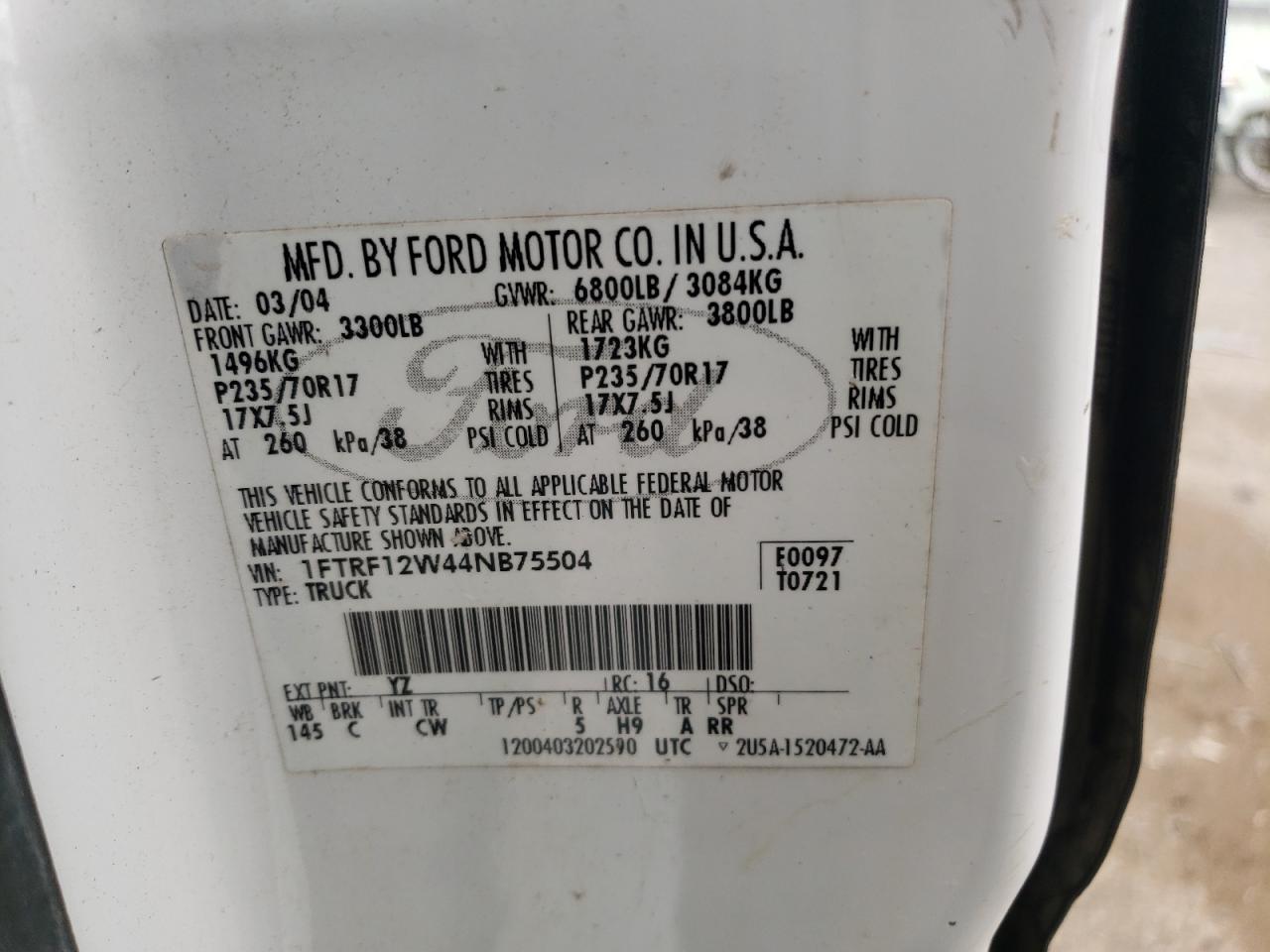 Photo 10 from auction – 2004 FORD F150 with VIN 1FTRF12W44NB75504