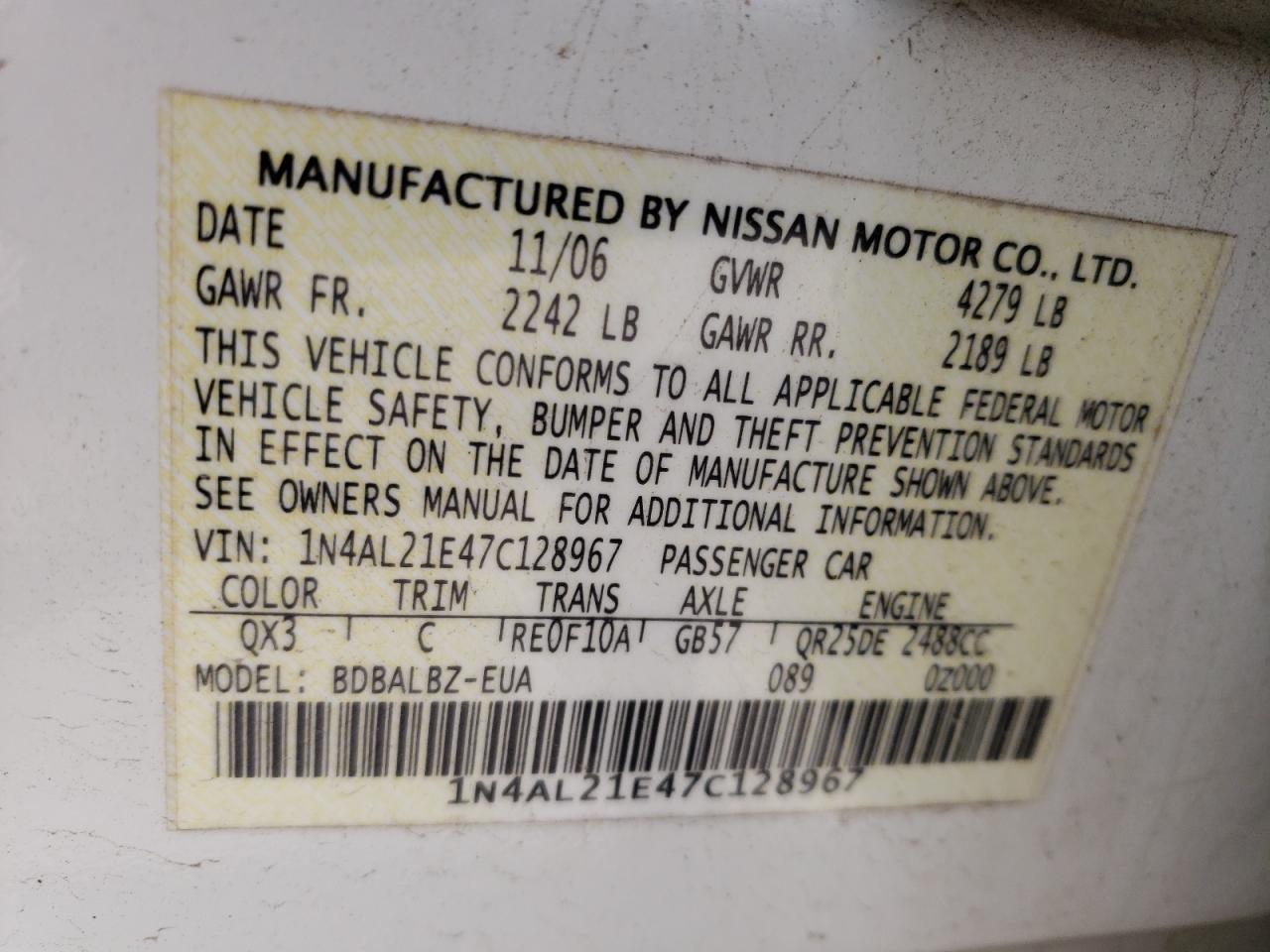 Photo 10 from auction – 2007 NISSAN ALTIMA 2.5 with VIN 1N4AL21E47C128967