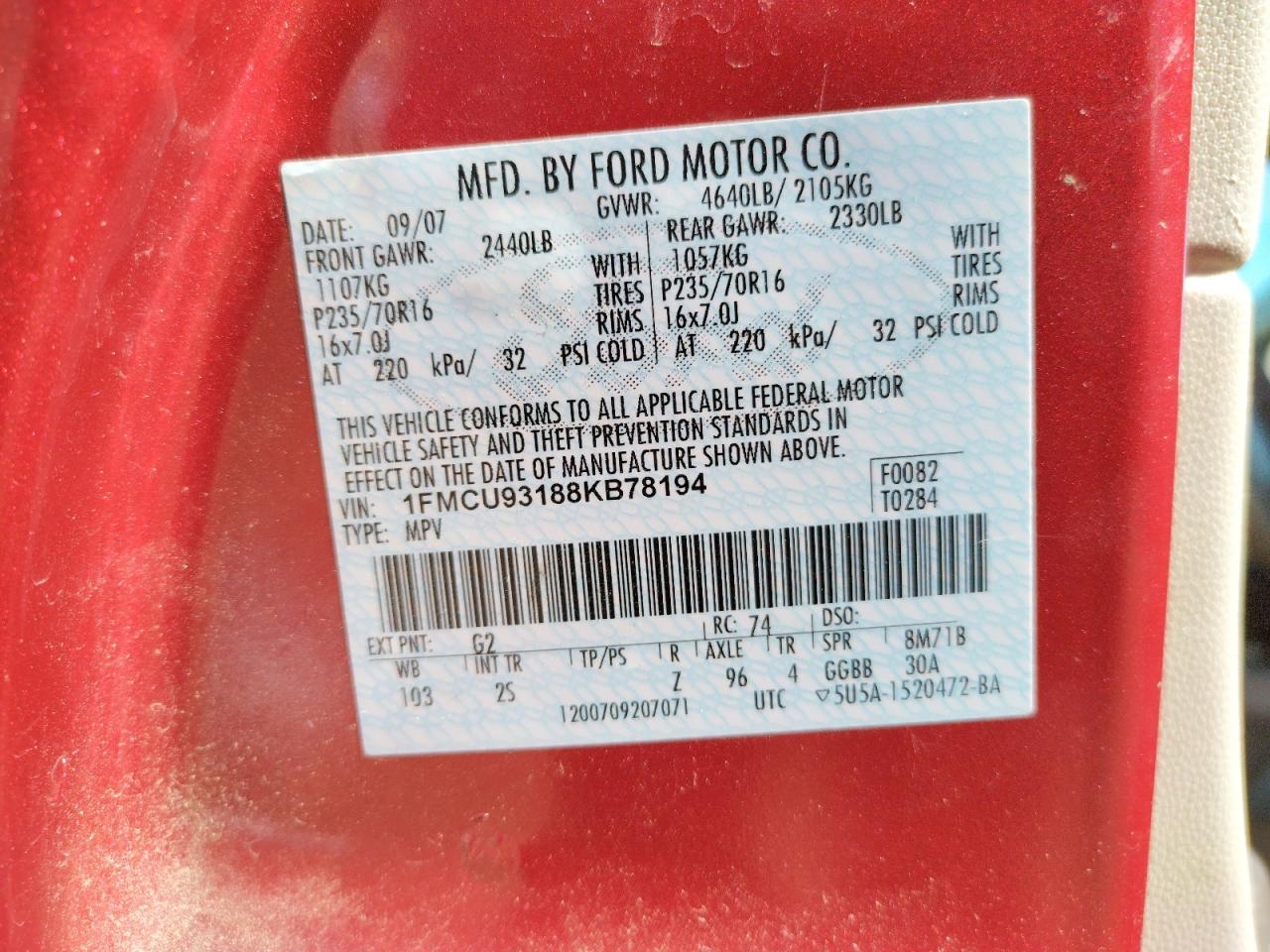 Photo 10 from auction – 2008 FORD ESCAPE XLT with VIN 1FMCU93188KB78194