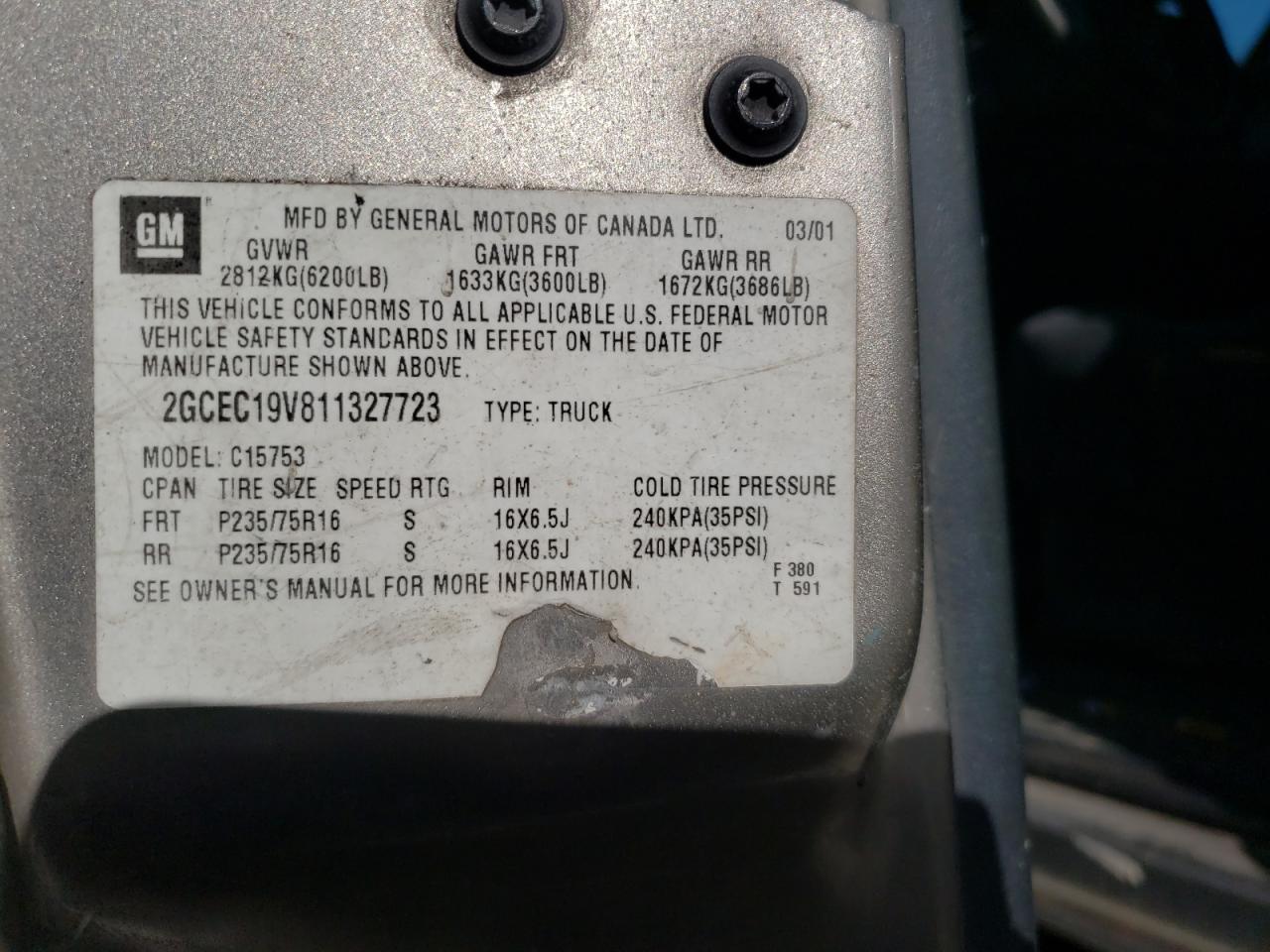 Photo 10 from auction – 2001 CHEVROLET SILVERADO with VIN 2GCEC19V811327723