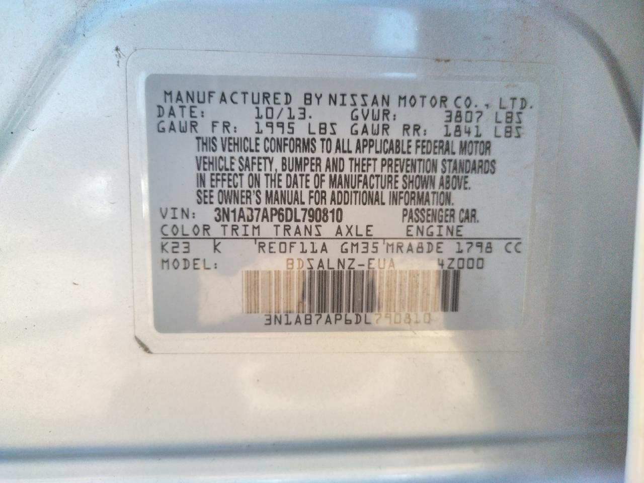Photo 10 from auction – 2013 NISSAN SENTRA S with VIN 3N1AB7AP6DL790810