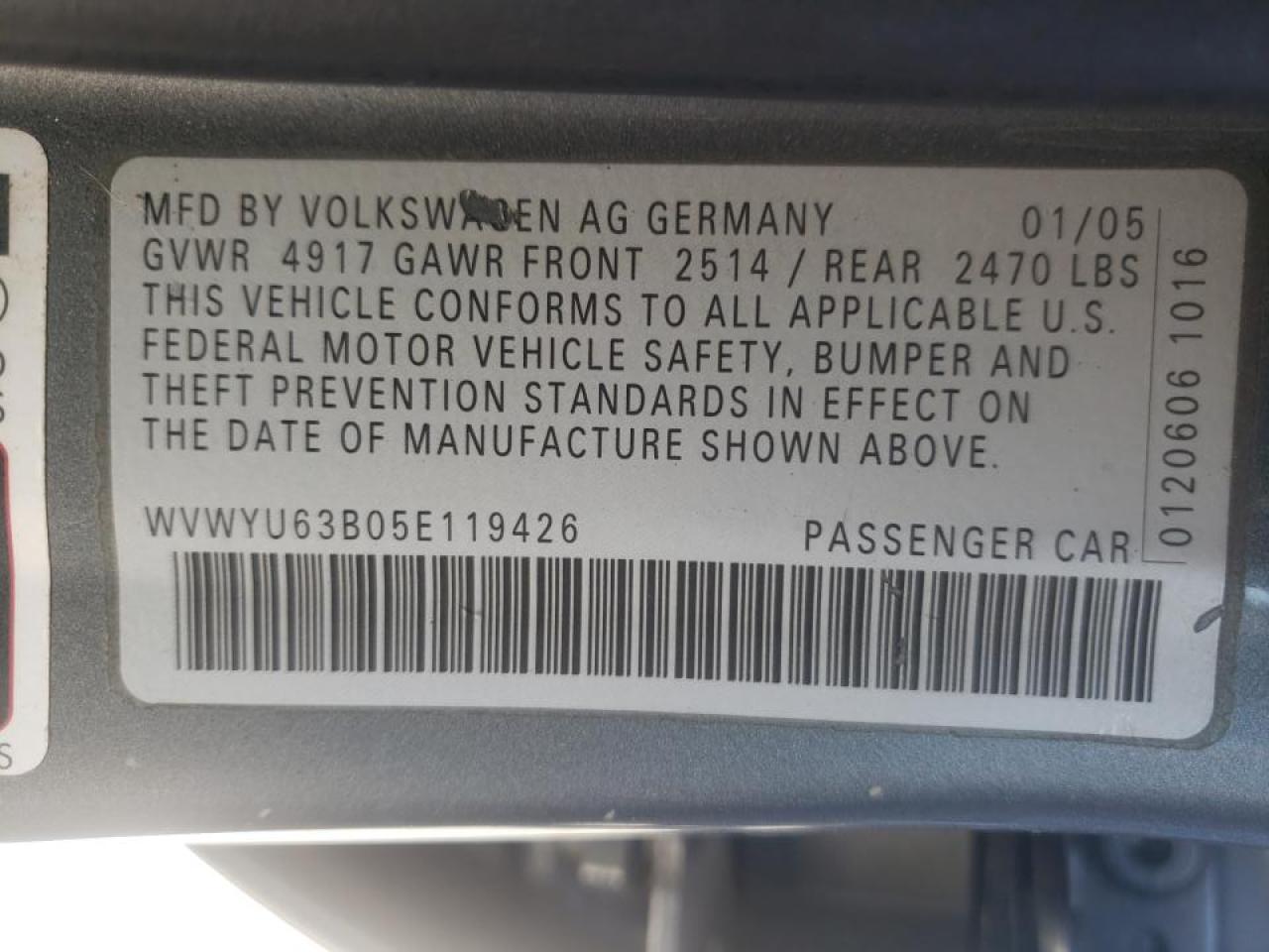 Photo 10 from auction – 2005 VOLKSWAGEN PASSAT GLX with VIN WVWYU63B05E119426