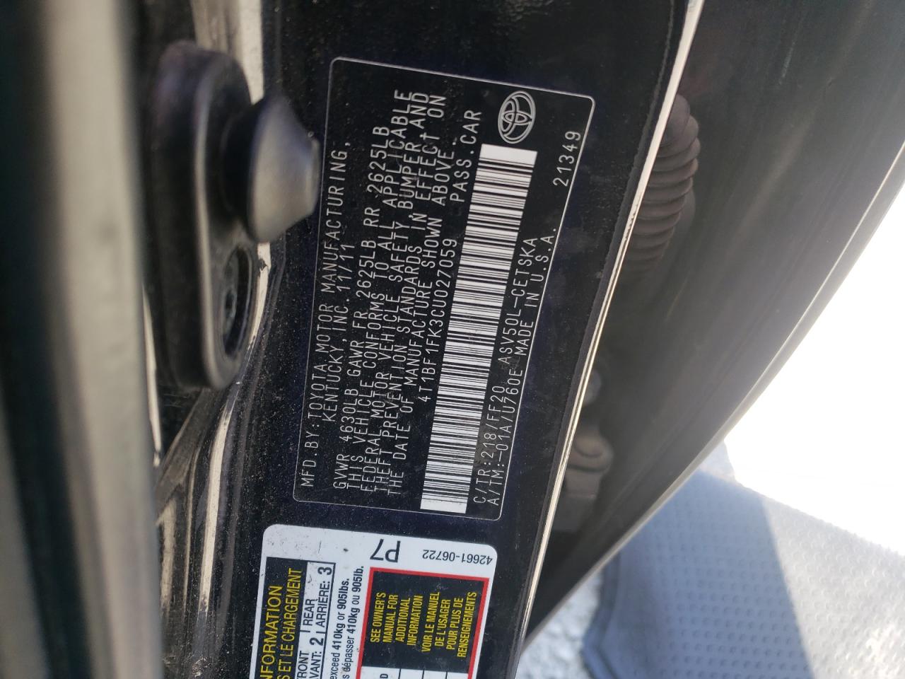 Photo 10 from auction – 2012 TOYOTA CAMRY BASE with VIN 4T1BF1FK3CU027059