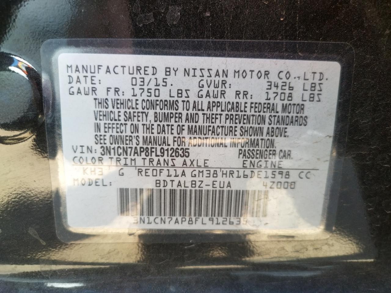Photo 10 from auction – 2015 NISSAN VERSA S with VIN 3N1CN7AP8FL912635