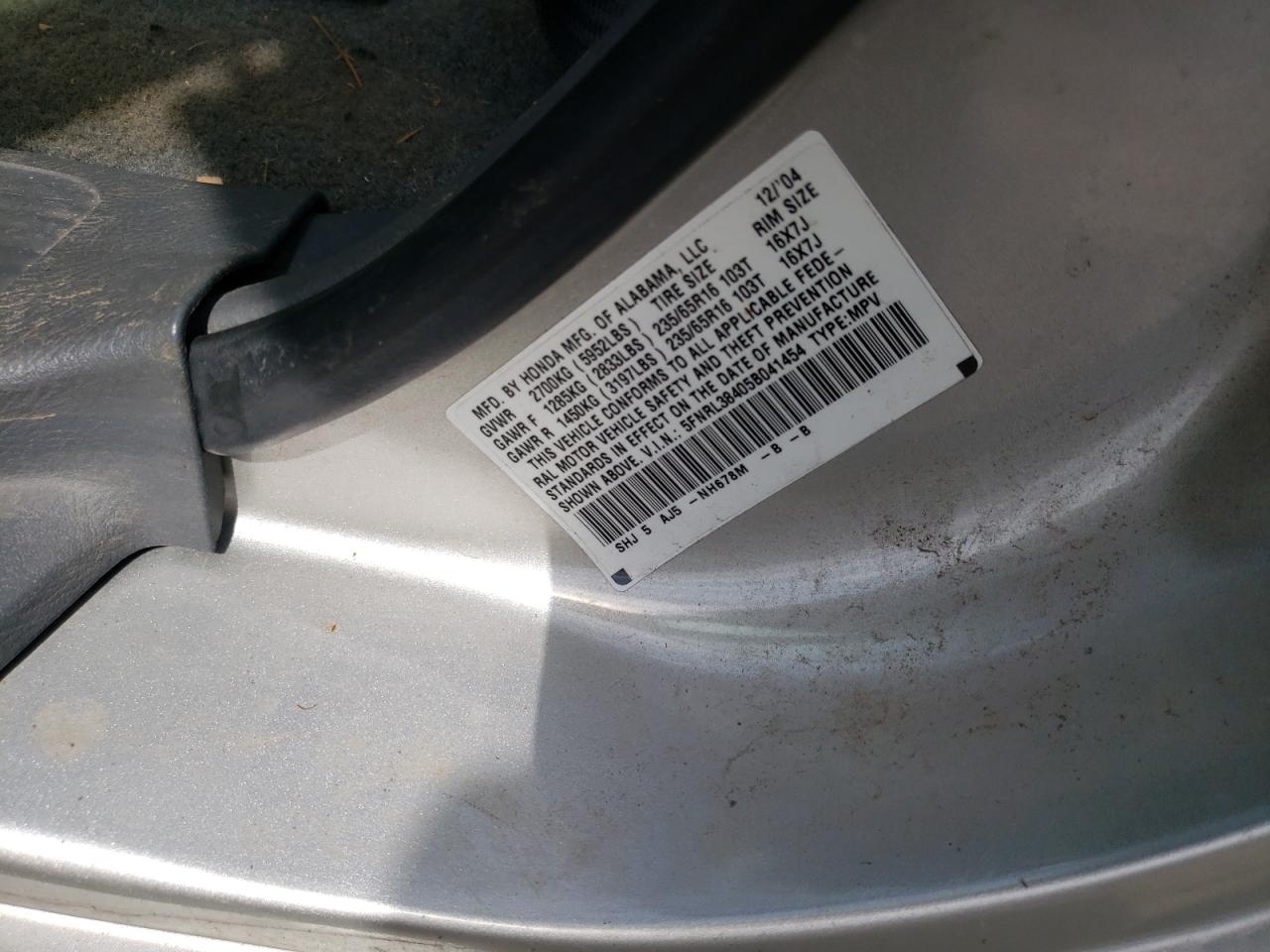Photo 10 from auction – 2005 HONDA ODYSSEY EX with VIN 5FNRL38405B041454