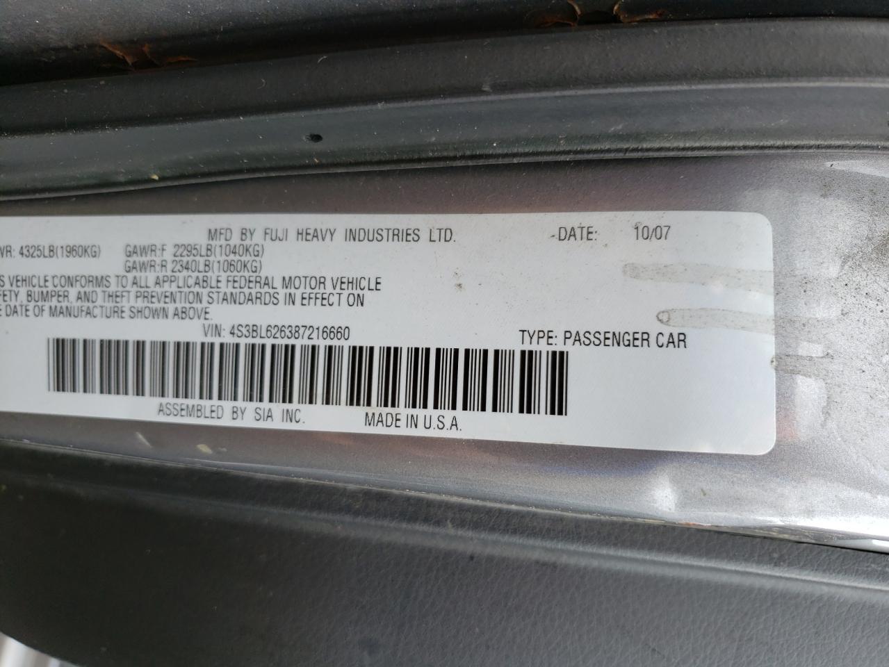 Photo 10 from auction – 2008 SUBARU LEGACY 2.5 with VIN 4S3BL626387216660