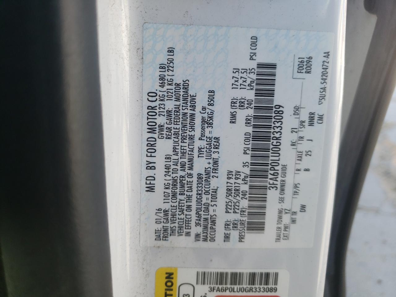 صورة رقم 10 من المزاد - 2016 FORD FUSION SE مع VIN 3FA6P0LU0GR333089