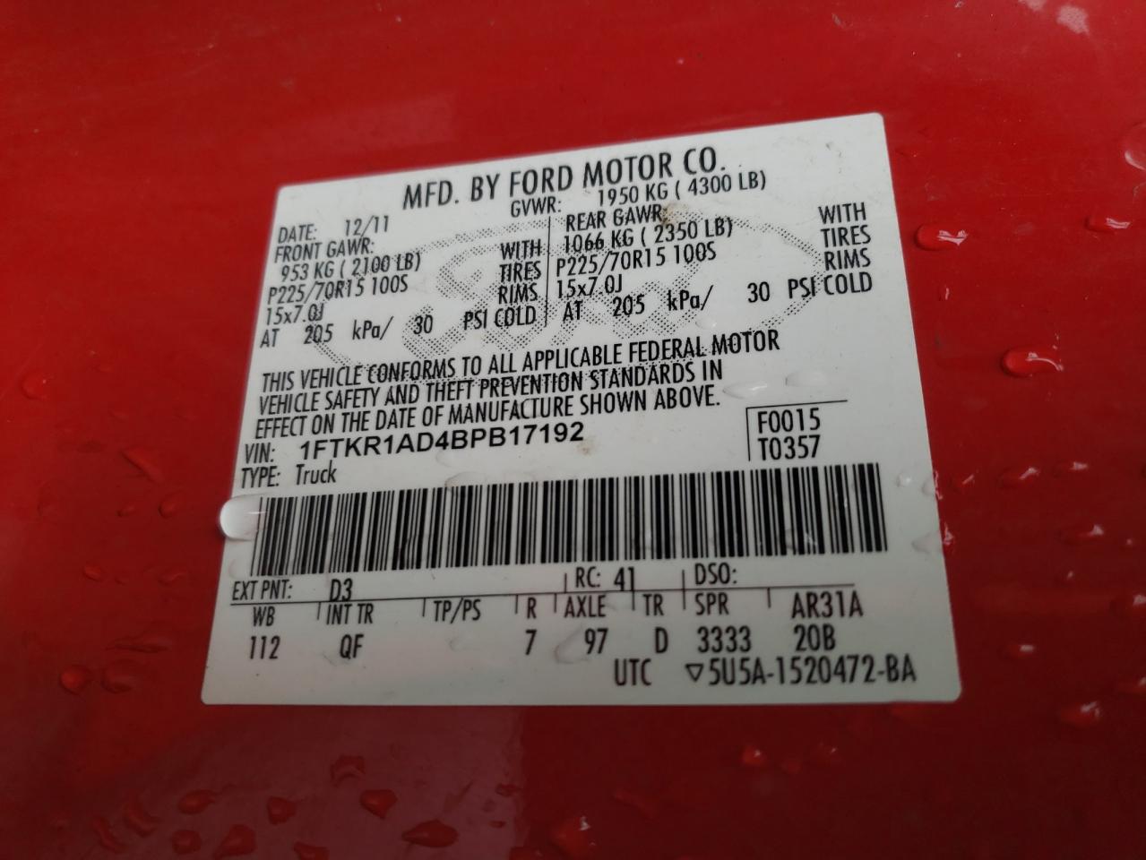 Photo 10 from auction – 2011 FORD RANGER with VIN 1FTKR1AD4BPB17192