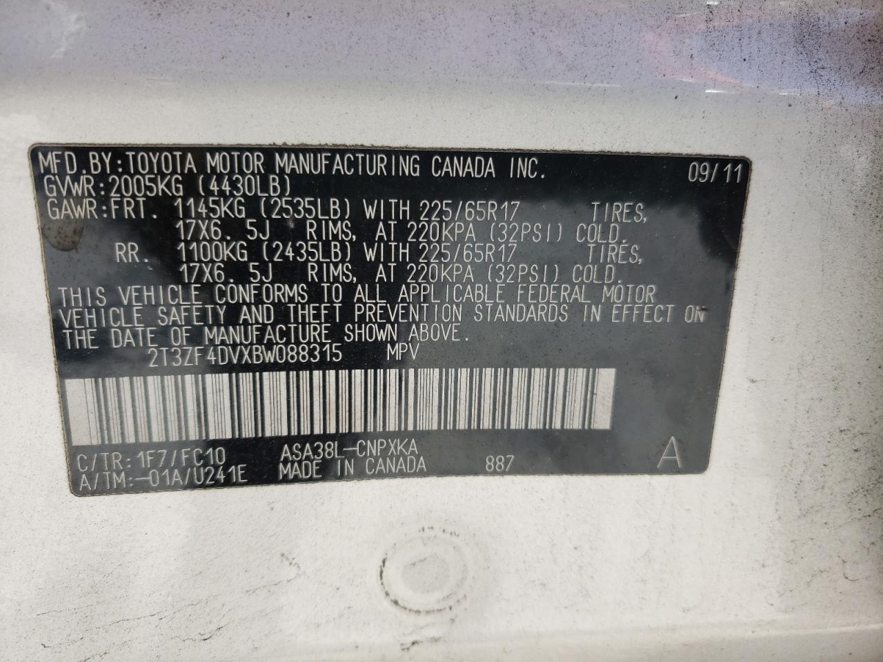 Photo 10 from auction – 2011 TOYOTA RAV4 with VIN 2T3ZF4DVXBW088315