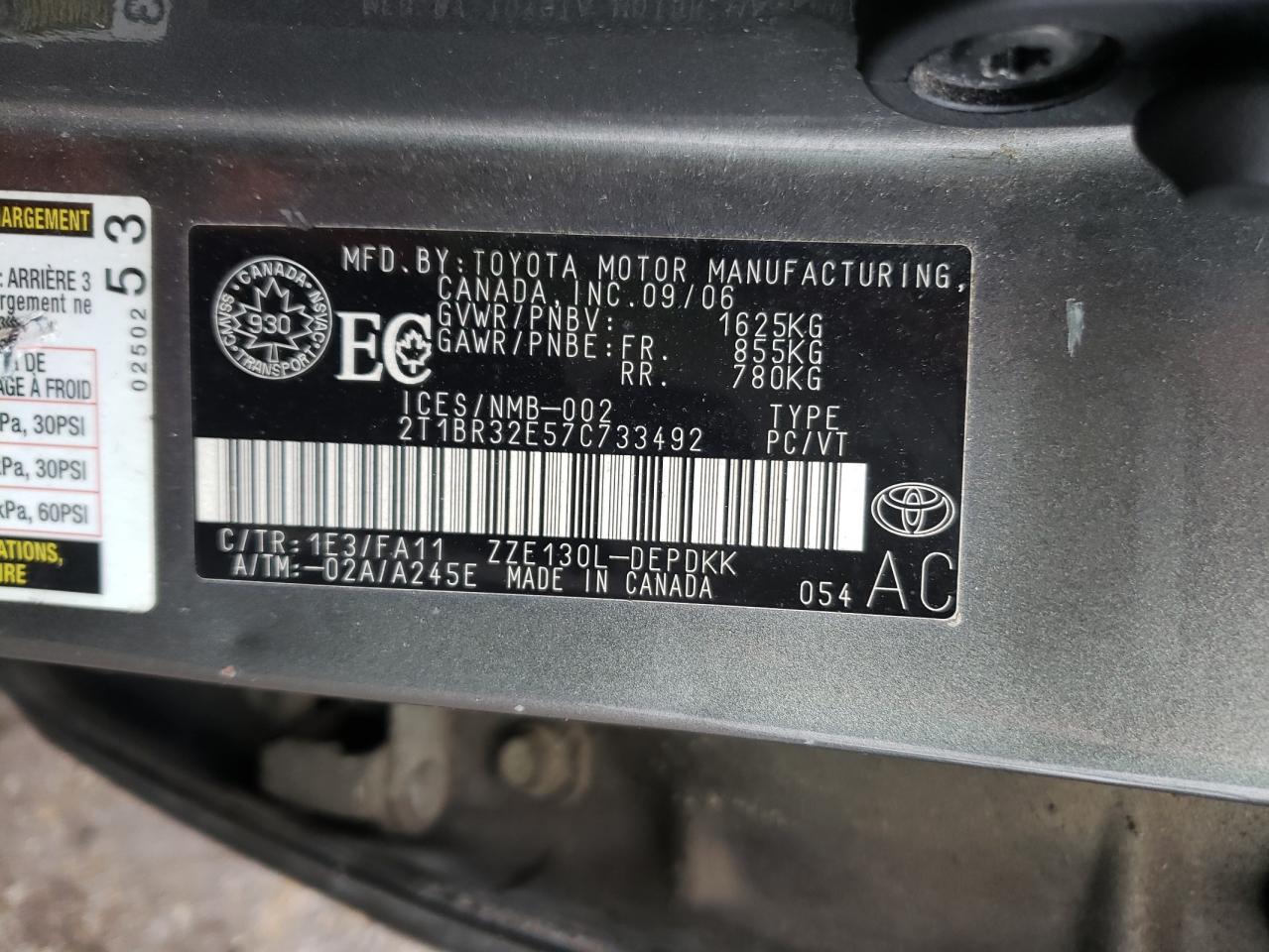 Photo 10 from auction – 2007 TOYOTA COROLLA CE with VIN 2T1BR32E57C733492