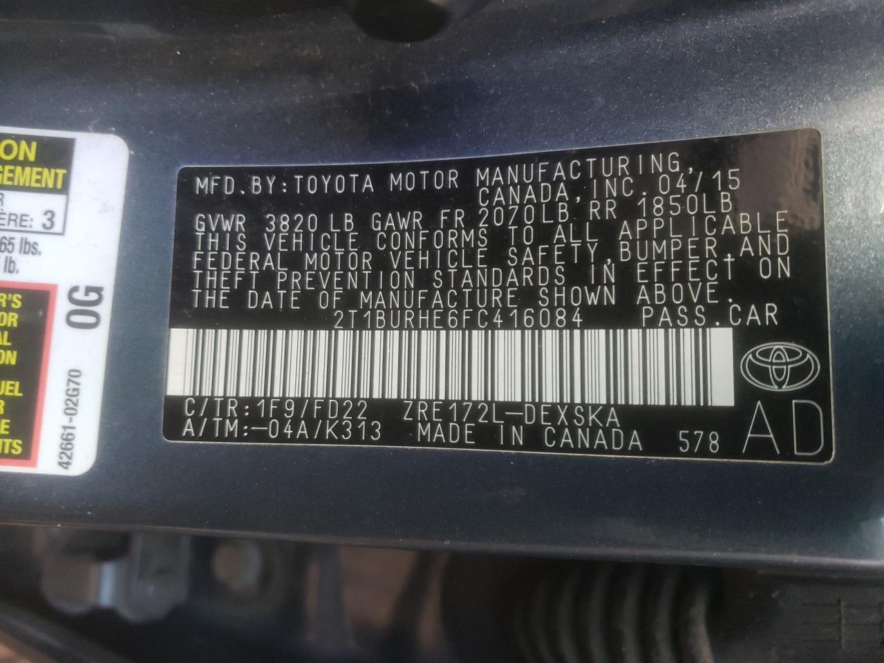 Photo 10 from auction – 2015 TOYOTA COROLLA L with VIN 2T1BURHE6FC416084
