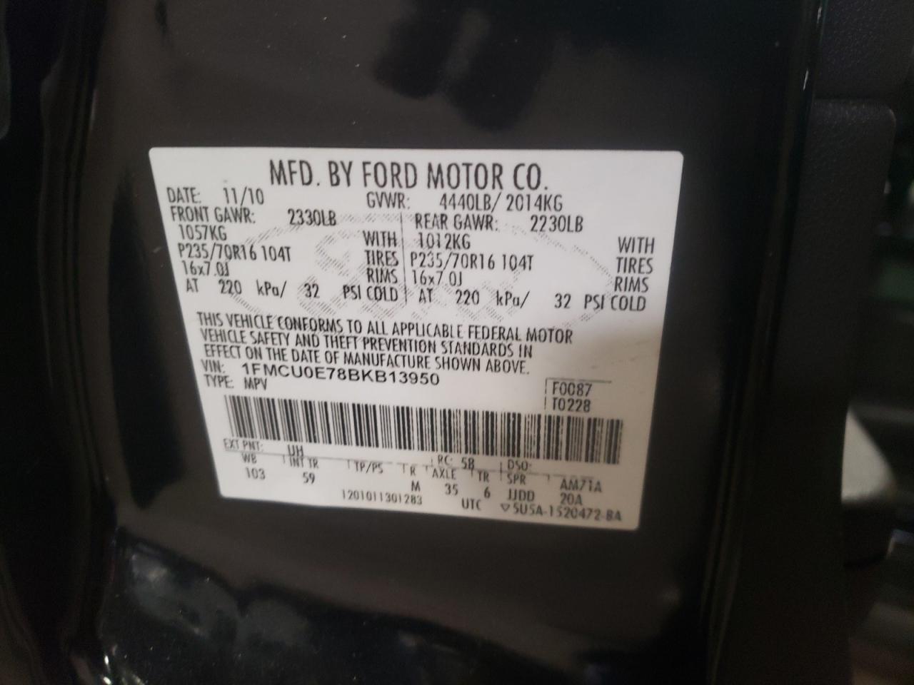 Photo 10 from auction – 2011 FORD ESCAPE LIM with VIN 1FMCU0E78BKB13950